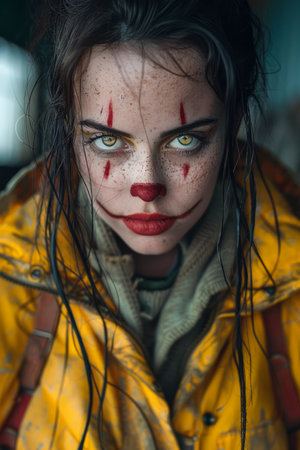 Mysterious Woman with Intense Gaze in Clown Makeup and Yellow Raincoat, Dramatic Horror Themed Portrait with Dark Ambience AI Generativeの素材