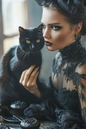 Elegant Woman in Vintage Black Dress Posing with Black Cat in Luxurious Interior, Mysterious Fashion Concept AI Generativeの素材