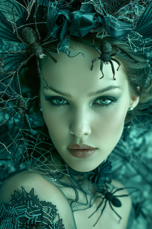 Enigmatic Woman with Artistic Makeup and Spider Accessories in a Mysterious Blue Tint AI Generativeの素材