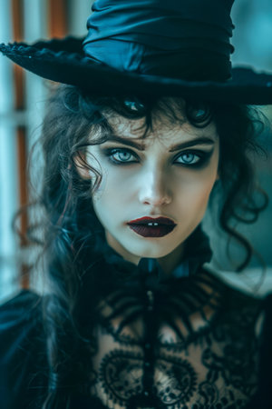 Mysterious Gothic Woman in Black Hat and Lace Attire with Dramatic Makeup Staring Intensely AI Generativeの素材