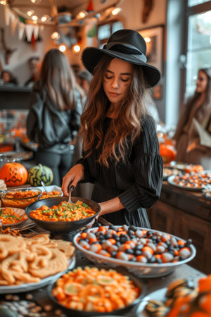 Stylish Woman in Black Hat Selecting Food from Festive Halloween Party Buffet with Autumn Decor AI Generativeの素材