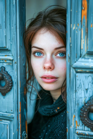 Young Woman Peering Through Vintage Blue Doors with Intricate Patterns and Curious Eyes AI Generativeの素材