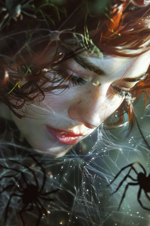 Surreal Portrait of a Woman with Spiders and Web, Dreamlike Fantasy Art with Mysterious Atmosphere and Nature Elements AI Generativeの素材