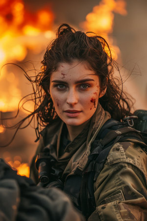 Brave Female Warrior in Combat Zone, Intense Gaze Amidst Fiery Background, Survival and Courage Theme AI Generativeの素材
