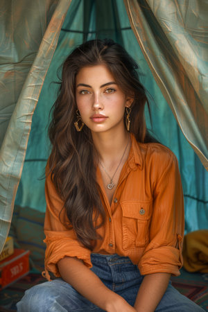 Elegant Young Woman with Long Hair Posing in Bohemian Style Orange Blouse and Jeans Under Sheer Canopy AI Generativeの素材