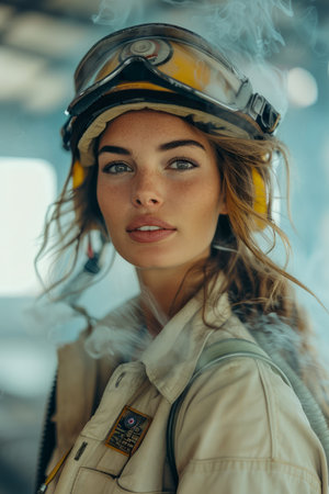 Confident Female Firefighter Portrait in Helmet, Smoke Background, Modern Hero Concept, Fire Station AI Generativeの素材