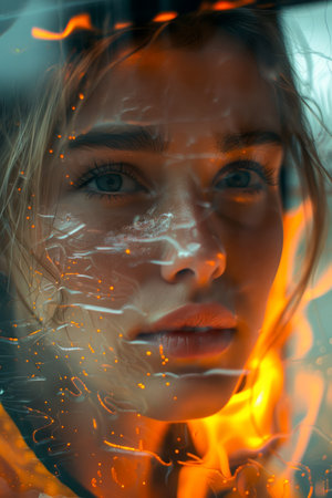 Close Up Portrait of a Young Woman with Intense Gaze Through a Wet Glass with Warm Light Reflections AI Generativeの素材