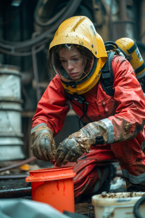 Female Industrial Worker in Protective Gear Engaged in Labor Intensive Task at a Factory AI Generativeの素材