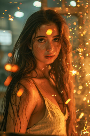 Enchanting Young Woman with Sparkling Lights, Mesmerizing Portrait in Warm Tones AI Generativeの素材