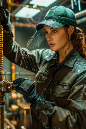 Industrious Female Worker Performing Maintenance in a Mechanically Complex Environment AI Generativeの素材