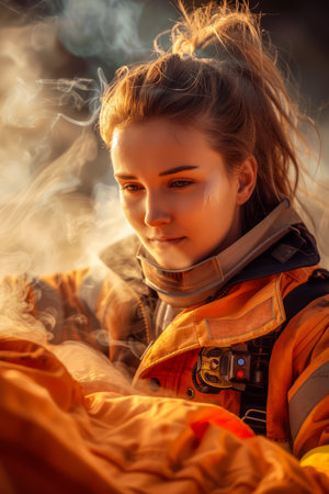 Young Woman Enjoying Camping Adventure in Golden Hour Light, Cozy Warm Autumn Outdoor Scene AI Generativeの素材