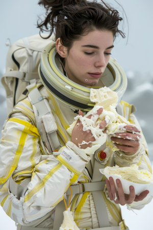 Young Female Astronaut in Spacesuit Eating Whipped Cream on Gloved Hand Against a Cloudy Sky Backdrop AI Generativeの素材