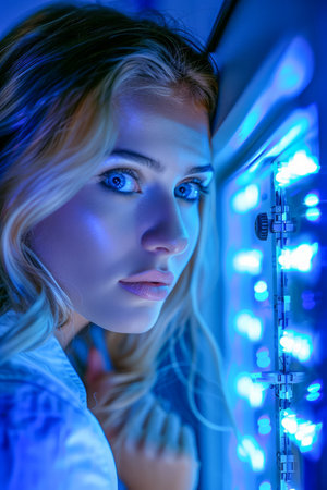 Portrait of Young Woman with Blue Neon Lights Reflecting on Face Looking Intently at the Camera AI Generativeの素材