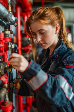 Professional female mechanic conducting maintenance on industrial valves in a factory setting AI Generativeの素材