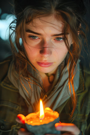 Young Woman Holding a Candle with Hopeful Gaze in Moody, Warmly Lit Evening Scene AI Generativeの素材
