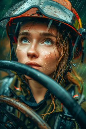 Portrait of a Young Female Firefighter in Helmet Holding a Hose in the Rain, Bravery and Emergency Response Concept AI Generativeの素材