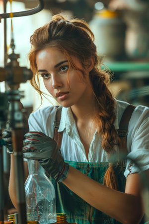 Vintage Inspired Portrait of a Young Woman in a Classic Workshop Setting with Sunlight Filtering Through AI Generativeの素材