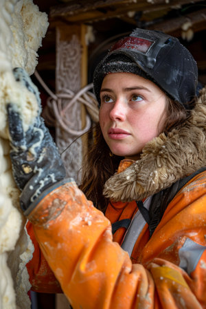 Young Woman Engaged in Carpentry Work Wearing Protective Gear in a Workshop Environment AI Generativeの素材