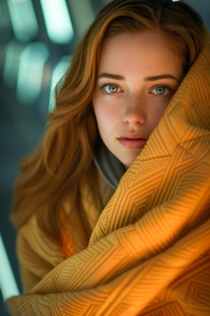 Serene Beauty Wrapped in Warm Blanket with Soft Gaze and Ambient Lighting AI Generativeの素材