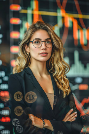 Confident Young Businesswoman with Glasses Amidst Cryptocurrency Stock Market Graphs and Bitcoin Symbols AI Generativeの素材