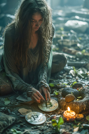 Mystical Female Fortune Teller with Tarot Cards and Candlelight in an Enchanted Forest Setting AI Generativeの素材