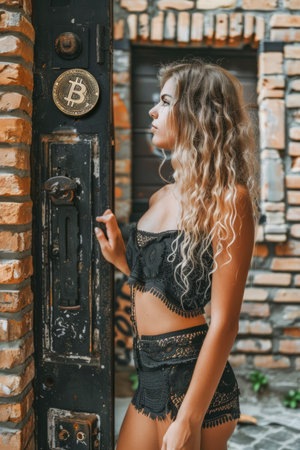 Fashionable Young Woman in Black Lace Attire Standing by Vintage Brick Wall with Bitcoin Sign AI Generativeの素材