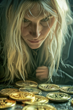 Young Woman with Blond Hair Gazing at Pile of Golden Coins in Dimly Lit Setting, Concept of Wealth and Cryptocurrency AI Generativeの素材