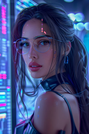 Futuristic Cyberpunk Woman with Neon Lights and Holographic Elements in Urban Night Setting AI Generativeの素材