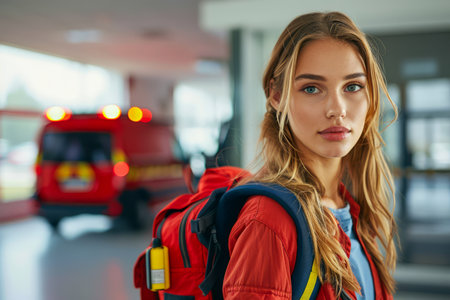 Confident Female Paramedic at Ambulance Station Preparing for Emergency Response, Portrait of Professional Medical Staff AI Generativeの素材