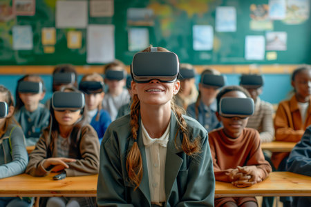 Diverse Group of Students Using Virtual Reality Headsets in Classroom for Interactive Learning Experience AI Generativeの素材