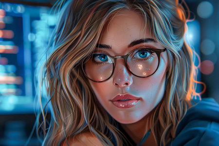 Portrait of a Young Woman with Glasses in Neon Light, Modern City Life Concept with Stylish Female Model Posing AI Generativeの素材