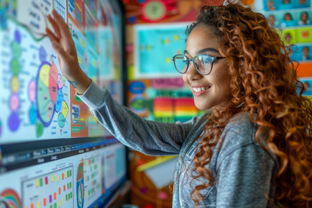 Smiling Young Teacher with Curly Hair Interacting with an Interactive Whiteboard in a Colorful Classroom AI Generativeの素材