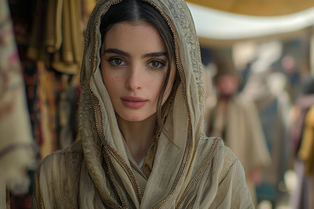 Portrait of a Beautiful Woman in Historical Costume in a Traditional Market Setting AI Generativeの素材