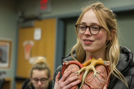 Young Female Student Holding an Anatomical Heart Model in Biology Class at University AI Generativeの素材