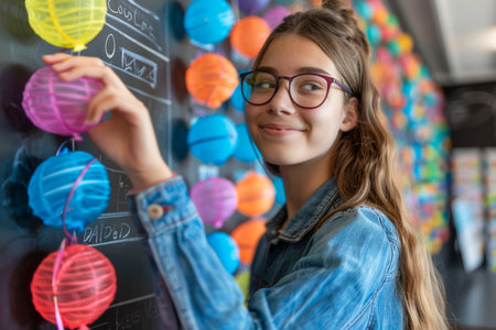 Smiling Teenage Girl In Glasses Engaged In School Science Project Posing With Colorful 3D Cell Models AI Generativeの素材