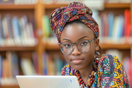 Young African Woman Focused on Her Laptop in a Library Setting with Colorful Traditional Attire AI Generativeの素材