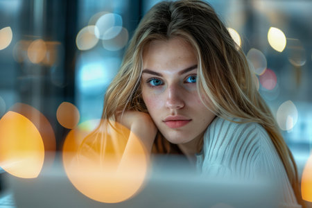 Young Woman Working Late on Laptop with Colorful Bokeh Lights Surrounding Her in Modern Office Environment AI Generativeの素材
