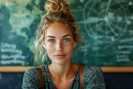 Young Woman Contemplating in Front of World Map at a Cozy Cafe Portrait of Pensive Female Traveler Planning Next Journey AI Generativeの素材