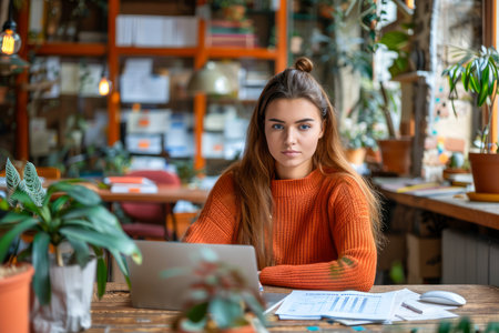 Young Woman Working on Laptop at Cozy Cafe with Green Plants and Coffee AI Generativeの素材