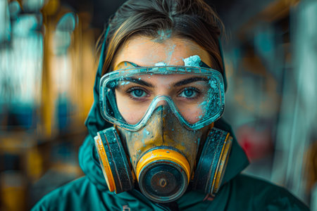 Close up Portrait of a Young Woman Wearing Protective Gas Mask and Goggles in an Industrial Setting AI Generativeの素材