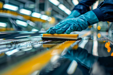 Close up of Worker&#39;s Hand with Glove Cleaning Machinery in Industrial Environment, Precision and Maintenance Concept AI Generativeの素材