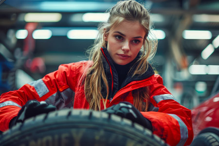 Confident Female Mechanic in Red Overalls Holding Car Tire in Automotive Workshop Environment AI Generativeの素材