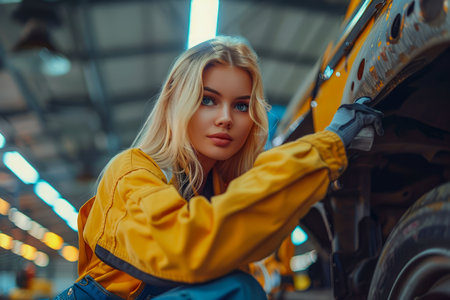 Confident Young Female Mechanic Inspecting Vehicle in a Modern Automotive Workshop with Professional Tools AI Generativeの素材