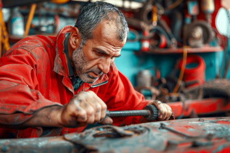 Experienced Mechanic in Red Uniform Working on Machinery with Focus and Determination in Industrial Environment AI Generativeの素材