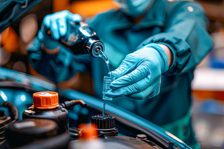 Professional Mechanic Performing Engine Oil Change in Automotive Workshop, Vehicle Maintenance and Servicing AI Generativeの素材