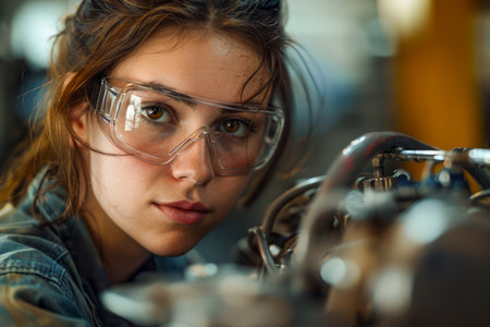 Focused Young Female Mechanic Working on Vehicle Engine in Workshop, Professional Woman in Safety Glasses Repairing Car AI Generativeの素材