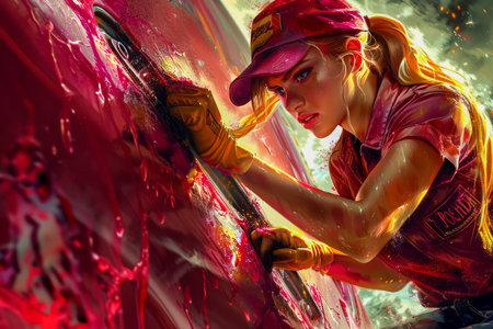 Intense Female Warrior in Dynamic Battle Pose with Vibrant Colors AI Generativeの素材