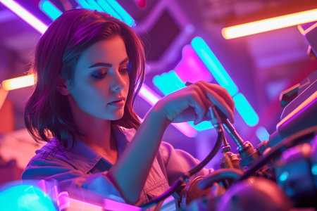 Young Female Mechanic Working on Vehicle in Neon lit Workshop with Intense Focus and Professional Expertise AI Generativeの素材