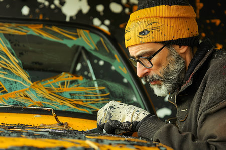Skilled Artist Intently Creating Intricate Etchings on Car Surface in a Workshop AI Generativeの素材