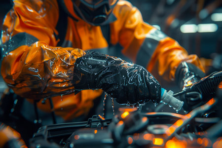 Skilled Mechanic in Protective Gear Adjusting Engine Components in a High Tech Automotive Workshop AI Generativeの素材